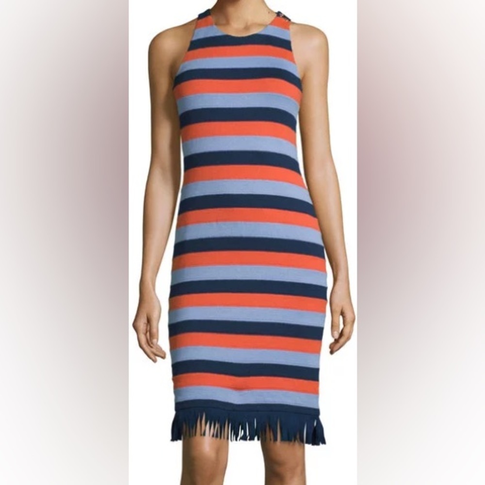 Tory Burch Ariana Orange Blue Striped Bodycon Sleeveless Fringe Dress Womens S